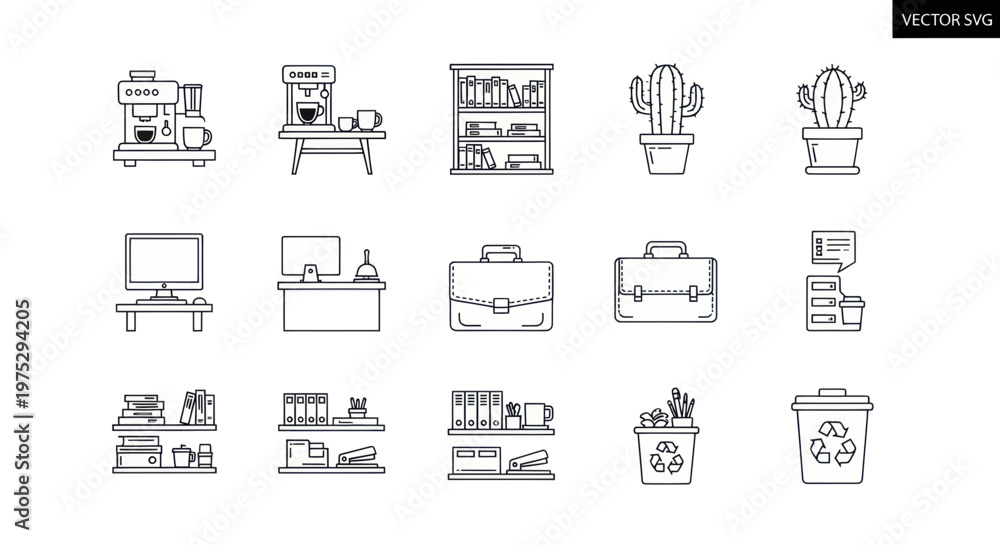 Fototapeta premium Office Icons Set: Coffee, Desk, Cactus, Briefcase, Computer, Shelves, Bin