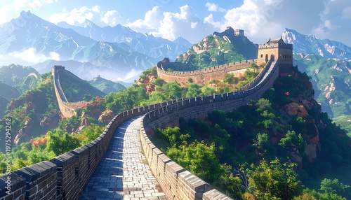 A scenic panoramic view of an ancient structure winding across a mountain range under a clear blue sky. Lush greenery surrounds the structure