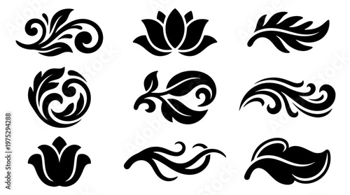 Collection of black leaf and floral silhouettes. Elegant botanical swirl ornaments and classic vintage flourishes for invitations and graphic designs