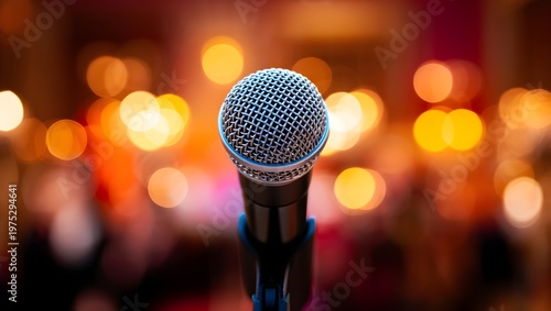 Close up of a stand microphone in conference hall room