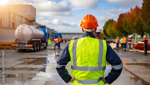 Industrial Worker Observing Tanker Truck at Facility