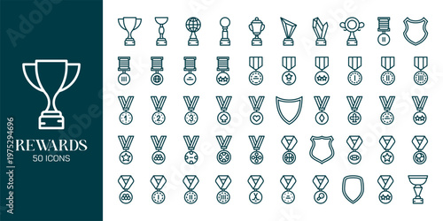Reward and Loyalty Icon Set with Trophy, Badge, Coupon, Medal and Achievement Symbols Vector Collection
