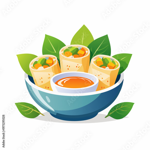 Delicious fresh spring rolls with vibrant vegetables and dipping sauce in a blue bowl.