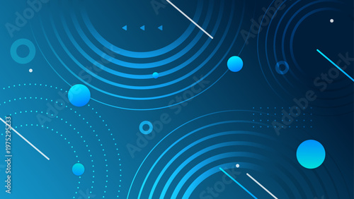 High quality blue abstract background with floating spheres and circular orbital lines for technology and business