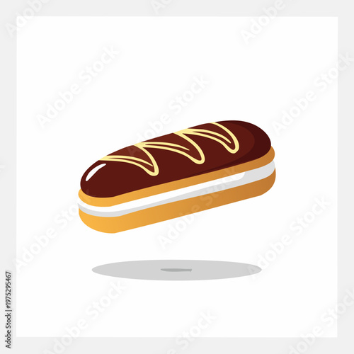 Delicious chocolate eclair pastry with creamy filling and decorative icing on a clean white background.