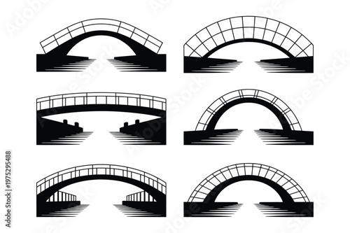 Collection of bridge silhouettes over water various designs architecture