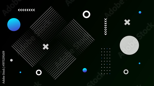 Vibrant dark aesthetic featuring blue gradient circles and complex white geometric line arrangements