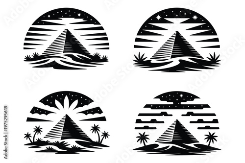 Stylized egyptian pyramids and palm trees under starry sky with landmark