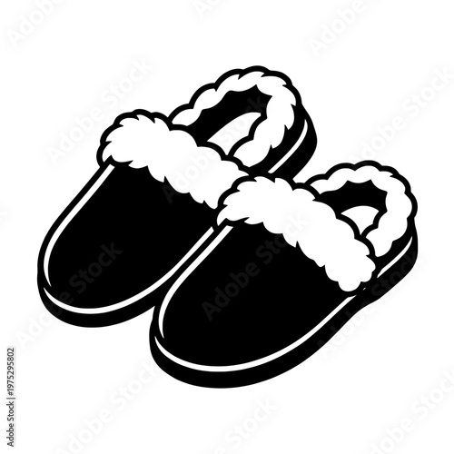 fuzzy slippers pair line drawing illustration vector clipart black and white