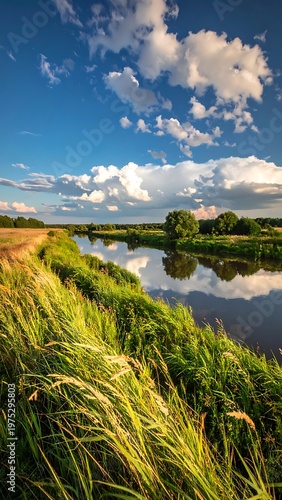A scenic river meanders through a sunlit landscape with tall grasses, trees, a field, and a dramatic, cloudy blue sky