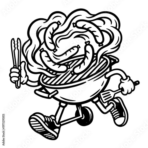 anthropomorphic spaghetti bowl running with chopsticks line drawing illustration vector clipart black and white