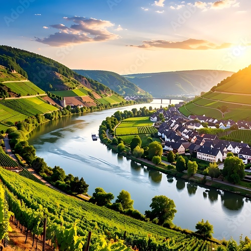 A scenic river meanders through a valley, flanked by terraced vineyards and a charming village bathed in golden sunlight