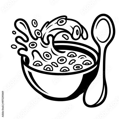 bowl of cereal with milk splash and spoon line drawing illustration vector clipart black and white