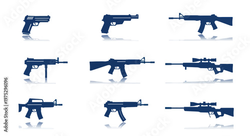 Collection of Silhouetted Firearms: Pistols, Rifles, and Submachine Guns