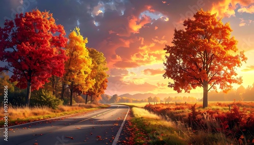 A scenic route winds through a field, flanked by vibrant autumn trees under a dramatic sunset. Golden light bathes the entire scene