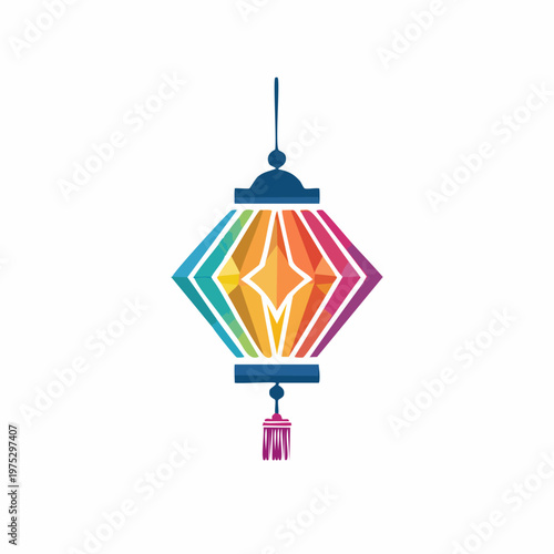 Colorful geometric lantern illustration with a decorative tassel on a white background