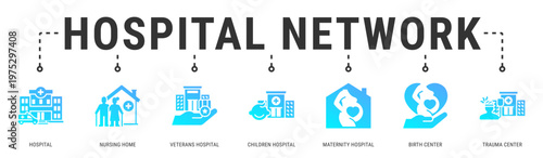 Hospital Network web banner icon vector illustration with Hospital, Nursing Home, Veterans Hospital, Children Hospital, Maternity Hospital, Birth Center and Trauma Center