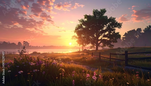 A scenic sunrise bathes a field in warm light, illuminating a tree by a lake, with flowers in the foreground