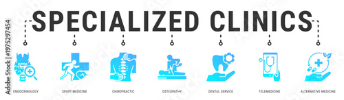 Specialized Clinics web banner icon vector illustration featuring Endocrinology, Sport Medicine, Chiropractic, Osteopathy, Dental Service, Telemedicine and Alternative Medicine