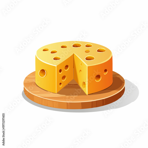 Illustration of a yellow cheese wheel with a slice removed, resting on a wooden board.