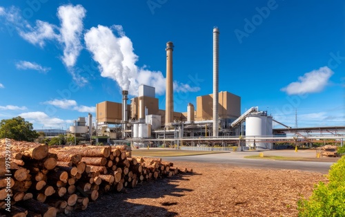 Large Industrial Paper Mill Complex with Smokestacks and Logs in Foreground