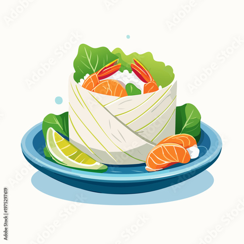 Freshly prepared shrimp and salmon roll with rice and lettuce, served with a lime wedge on a blue plate.