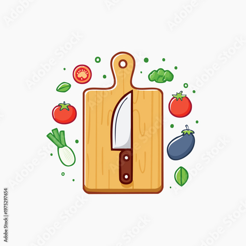 Illustration of a wooden cutting board with a chef's knife and fresh vegetables ready for cooking.