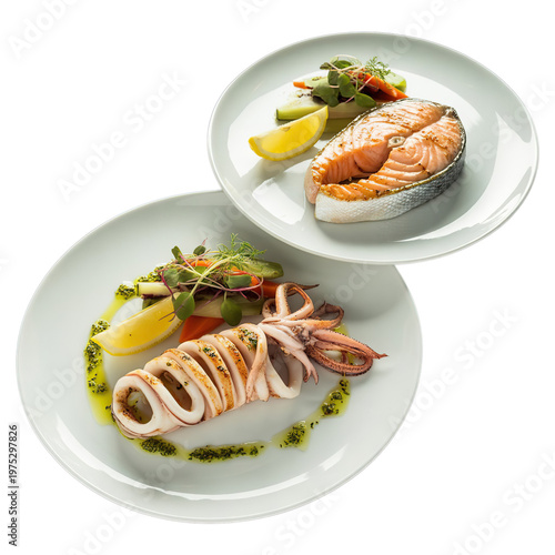 Set of plates with seafood cuisine dish, squid , salmon steak isolated on white background