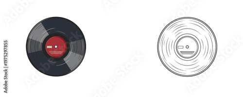 Vinyl record illustrations in black cartoon and linear styles with red label representing retro audio storage and music analog technology isolated on a white background