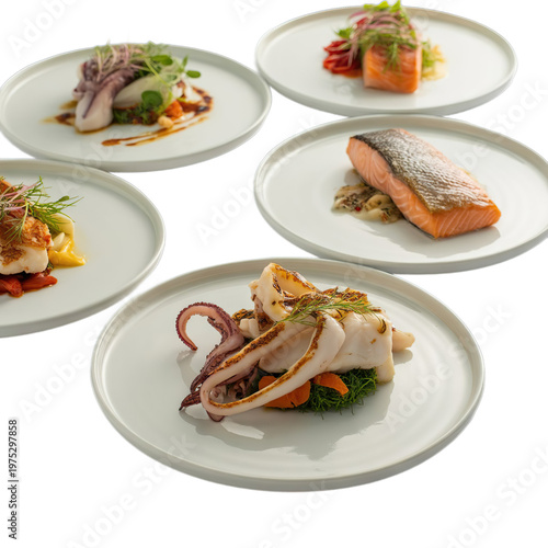 Set of plates with seafood cuisine dish, squid , salmon steak isolated on white background