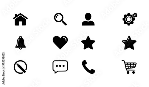 A set of black and white icons for various applications and services