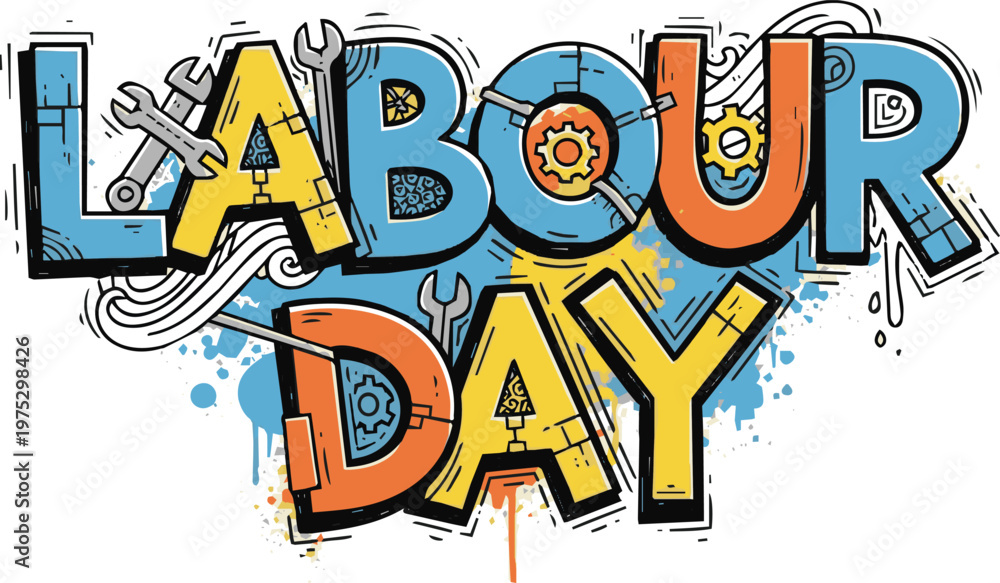 Obraz premium Labour Day typography illustration with industrial tools and gears doodle style