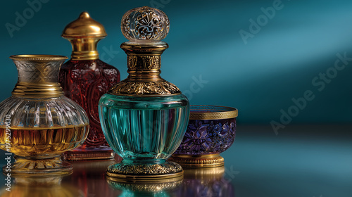 Colorful and decorative glass decanters are sitting on a table 