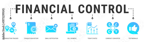 Financial Control web banner icon vector illustration featuring Transaction Tracker, Transaction History, Email Notification, Bill Payment, Today�s Rates, Currency Converter and Testimonials