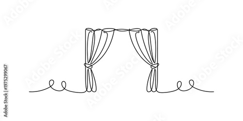 A continuous line drawing of elegant theatre curtains tied back to reveal an empty open space Vector, illustration