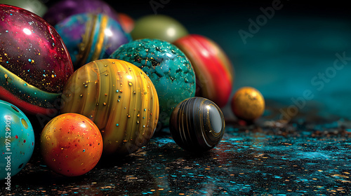 Colorful stones machined and polished  into spheres and arranged on a table as a background