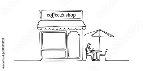 A minimalist single line drawing of a charming coffee shop with a person sitting outside cafe Vector, illustration