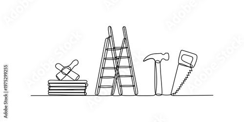 A single line drawing illustration featuring a stack of planks a ladder a hammer and a hand saw Vector, illustration