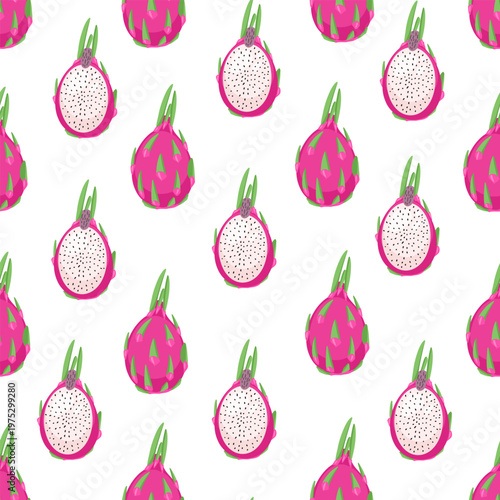 Pitahaya. Dragon fruit, seamless pattern. Vector Illustration for printing, backgrounds, covers and packaging. Image can be used for greeting cards, posters and textile. Isolated on white background.