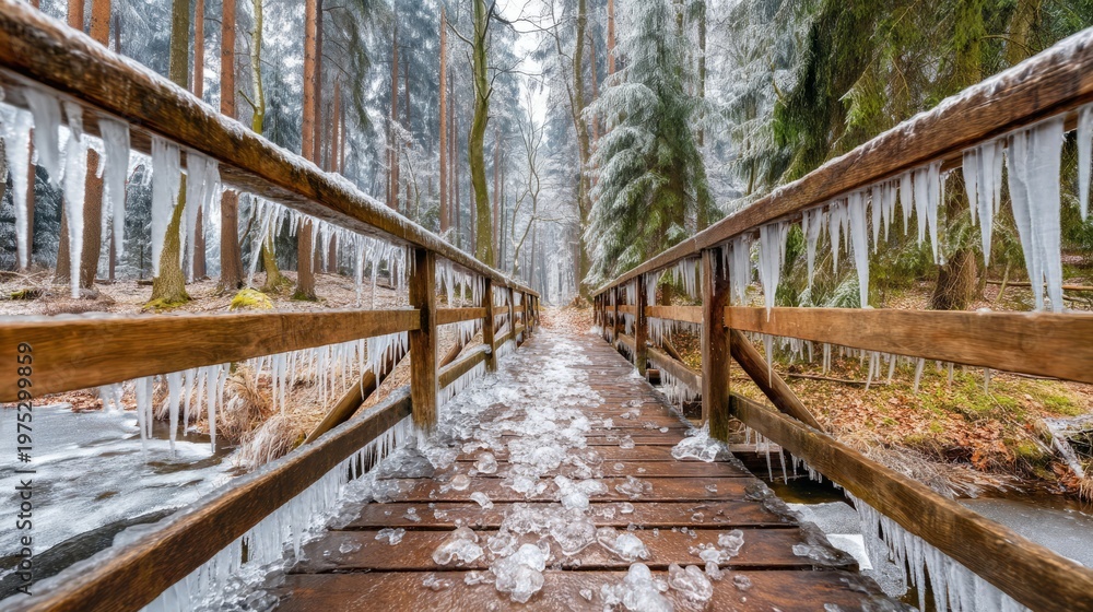 Obraz premium Serene Wooden Footbridge Over a Partially Frozen Stream in a Winter Forest