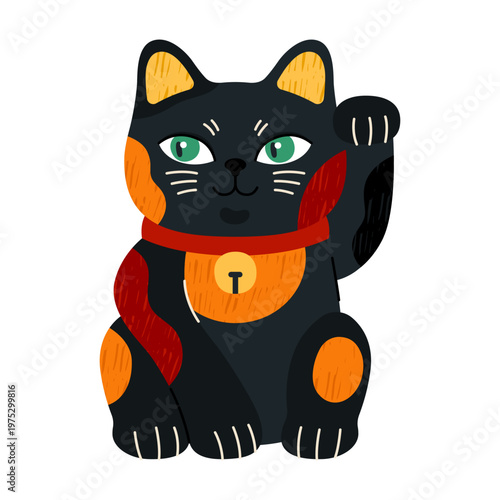 Lucky cat, Maneki neko. Japanese figurine, cute cartoon Asian character, fortune symbol. Black porcelain kitten with waving paw, symbol of money, prosperity and wealth.