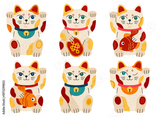 Lucky cats, Maneki neko. Collection of japanese figurines, cute cartoon Asian characters, fortune symbol. White porcelain kittens with waving paws, symbol of money, prosperity and wealth.