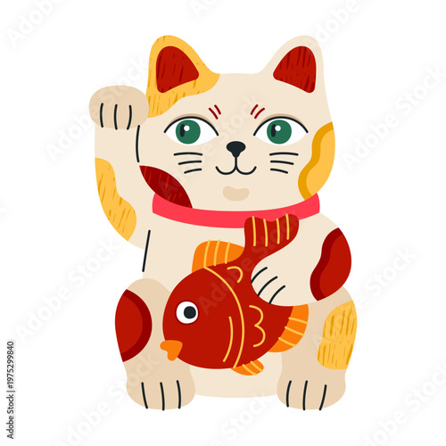 Lucky cat, Maneki neko with red fish. Japanese figurine, cute cartoon Asian character, fortune symbol. White porcelain kitten with waving paw, symbol of money, prosperity and wealth.