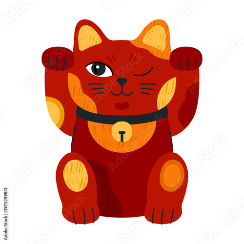 Lucky cat, Maneki neko. Japanese figurine, cute cartoon Asian character, fortune symbol. Red porcelain kitten with waving paws, symbol of money, prosperity and wealth.