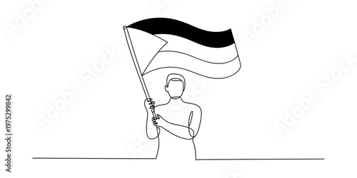 Continuous line drawing of a person standing firmly while holding a waving palestine national flag Vector, illustration
