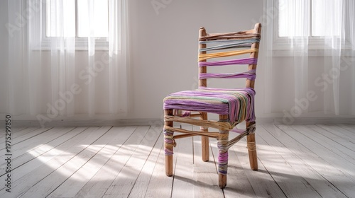 Colorful Chair Wrapped in Tangled Ribbons and Soft Fabric in Bright Room
