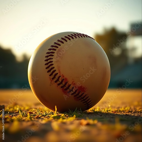 A solitary, aged ball awaits the next play, imbued with the essence of the game,  green grass,  oval