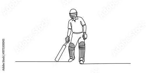A continuous line drawing of a cricket batter wearing protective gear standing on a flat surface Vector, illustration