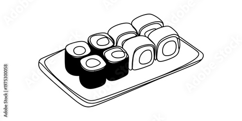 A simple black and white line art illustration of a platter featuring several pieces of sushi Vector, illustration