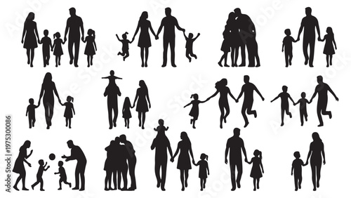 Large set of black family silhouettes in various activities, parents holding hands with children, playing ball, and walking together isolated on white background.